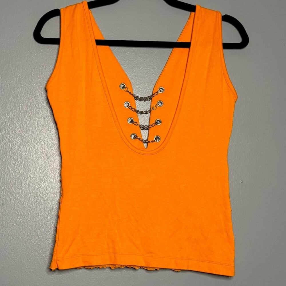 Biker's Club Large Tank Top Orange Ruffle Chain Deep V Open Back Rhinestone - Picture 5 of 5